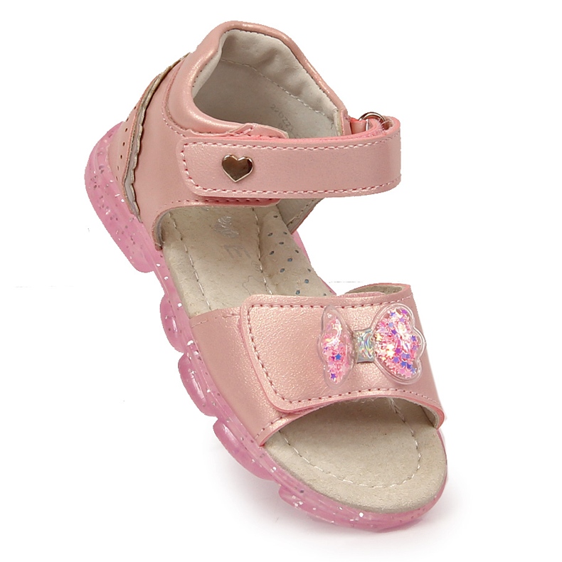 Sandales fille avec velcro et nœud rose 1