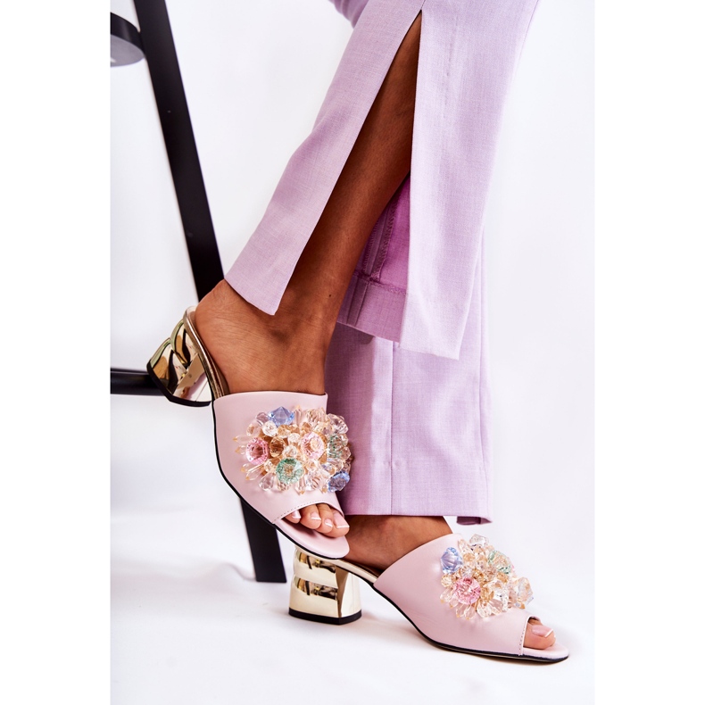 PA2 Chaussons pour femmes en cuir à talons hauts avec décoration Calinda rose 2