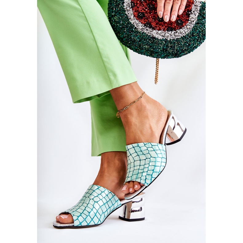 Chaussons Femme Cuir Crocodile Sur Talon Vert Clair Perry 2