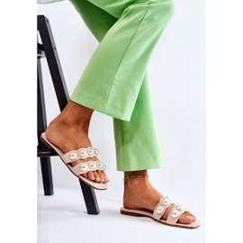 PG1 Chaussons femme en cuir avec perles décoratives Lasello beige 2