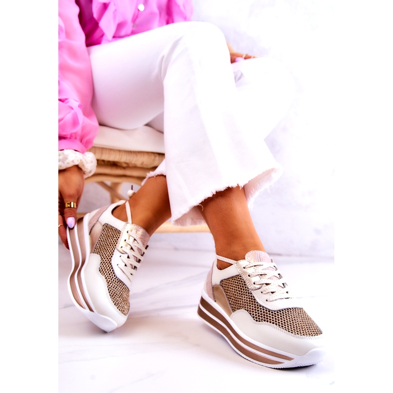 S.Barski Chaussures de sport pour femmes Baskets blanches et dorées Bourne d'or 2