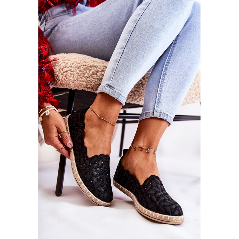 PE1 Ballerines à enfiler pour femme avec fleurs de venise noires 1