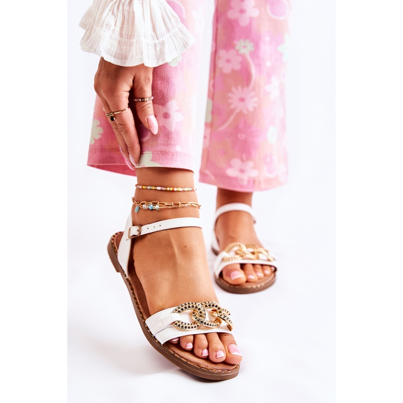 S.Barski Sandales à Talons Plats pour Femme avec Chaîne Minevra Blanche 2