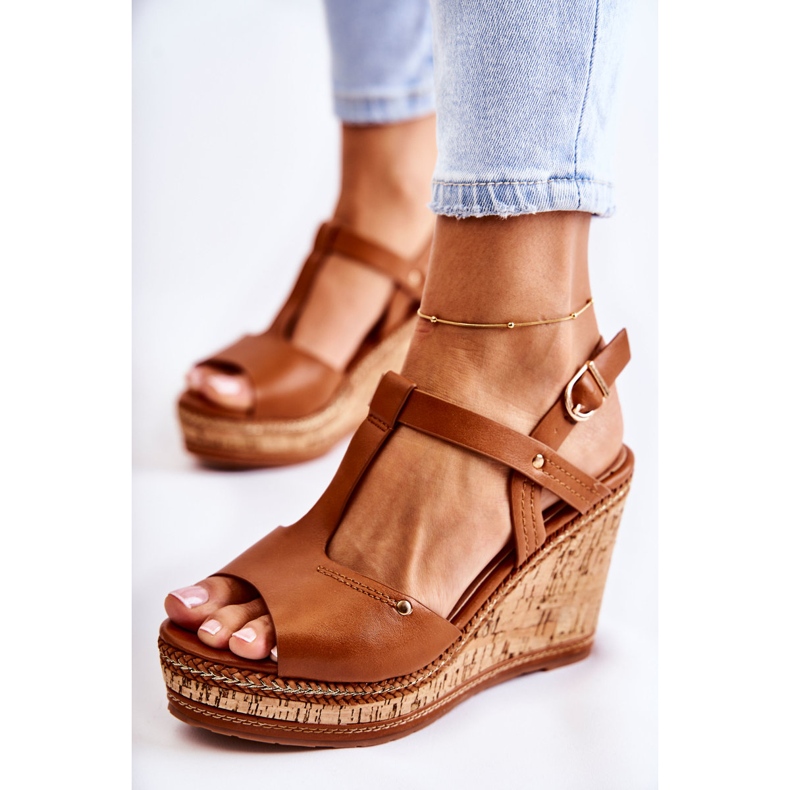 PG1 Sandales classiques en cuir sur talon compensé Valorin marron brun 1