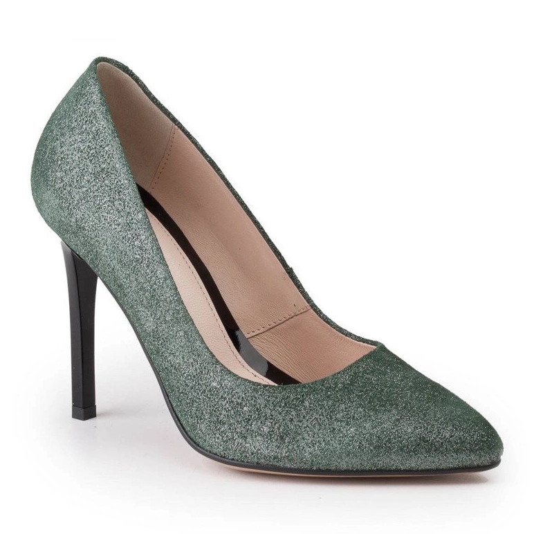 Marco Shoes Escarpins en cuir véritable vert sur un talon noir argent 1