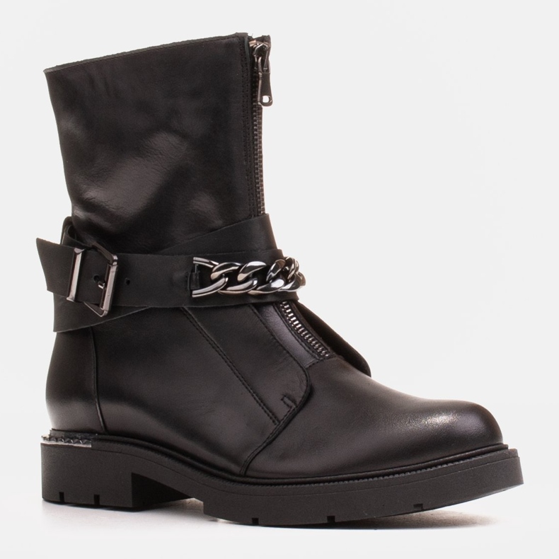 Marco Shoes Bottines en cuir avec chaîne, boucle et fermeture éclair. Trappeurs noir 1