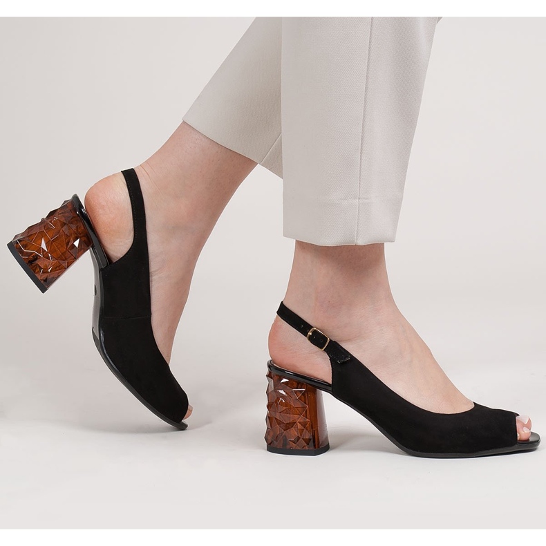 Marco Shoes Sandales en daim noir à talon ambre 3D 2