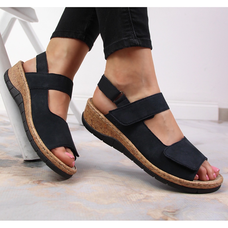 Sandales pour femmes en cuir sur le coin Rieker V7170-14 bleu marine 1