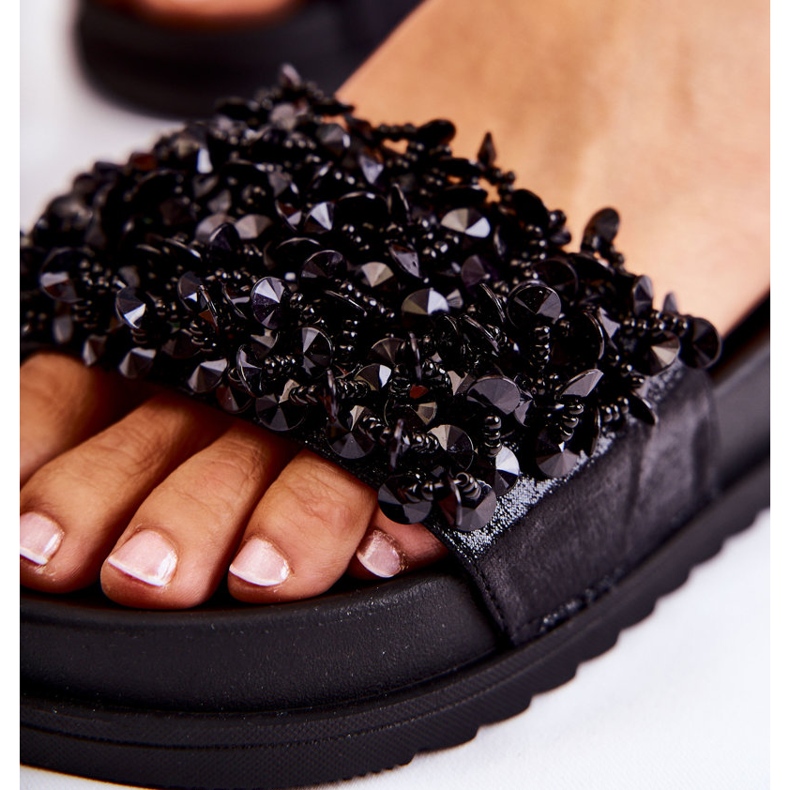 Tongs à plateforme pour femmes avec décorations, noir le noir 4