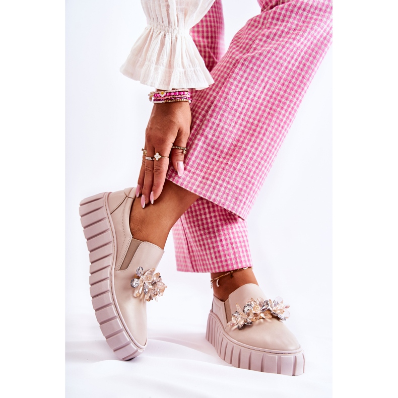 PA2 Baskets à enfiler pour femme en cuir avec décoration Mirana beige 2