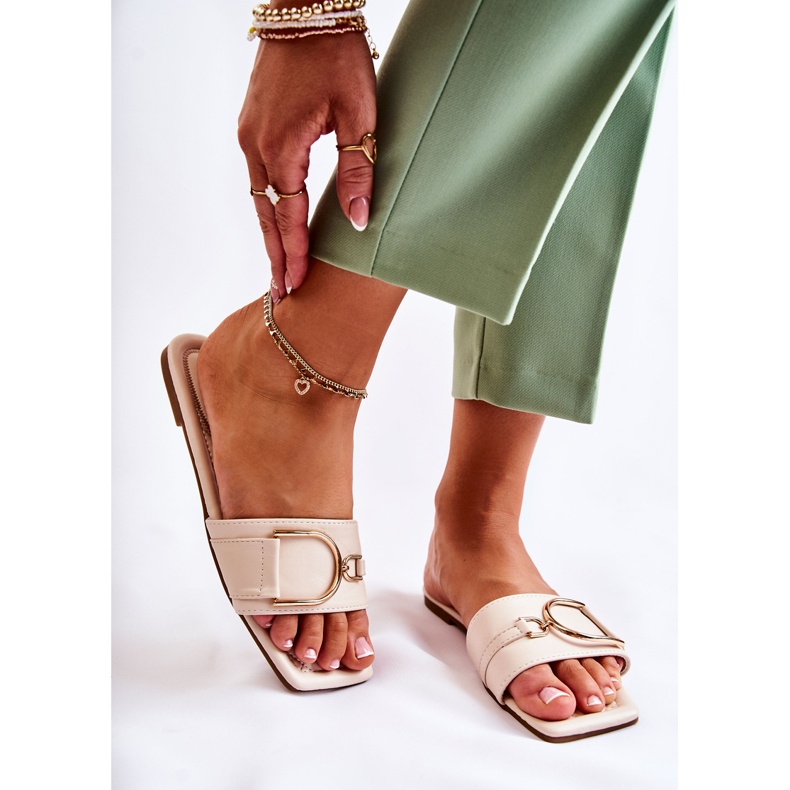 PG2 Pantoufles en cuir classiques pour femmes avec décoration Shilla beige doré 2
