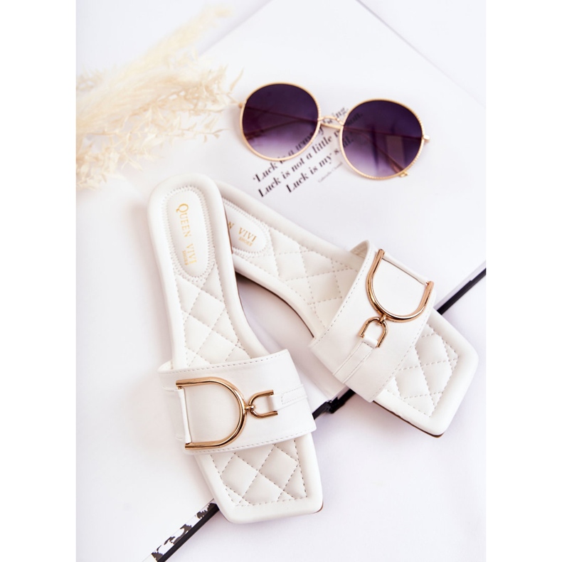 PG2 Pantoufles en cuir classiques pour femmes avec décoration Shilla blanche d'or 1