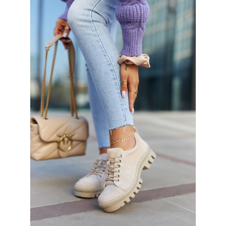 S.Barski Chaussures à lacets en daim pour femmes, beige 1