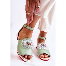 Sandales Femme En Cuir Avec Décoration Nevassa Verte 1