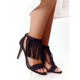 S.Barski Sandales en daim sur un talon haut avec des franges Swing Boho noir le noir 2