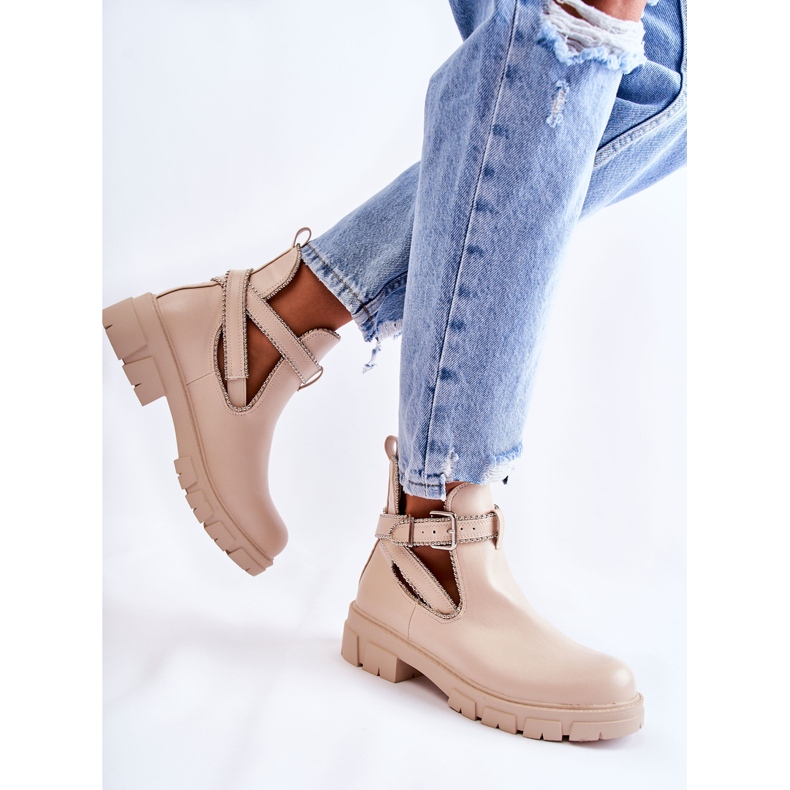 PG1 Bottines en Cuir pour Femme avec Clous Beige Clares 2