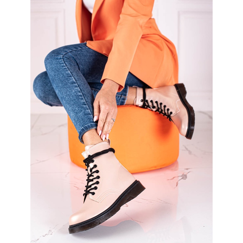 Bottines Shelovet femme beiges à lacets et reflets métallisés 1