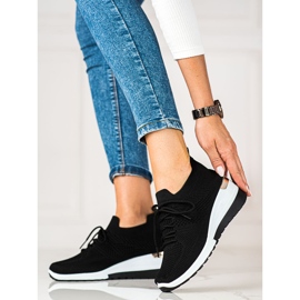 SHELOVET Baskets femme en tissu noir à talon compensé le noir 1