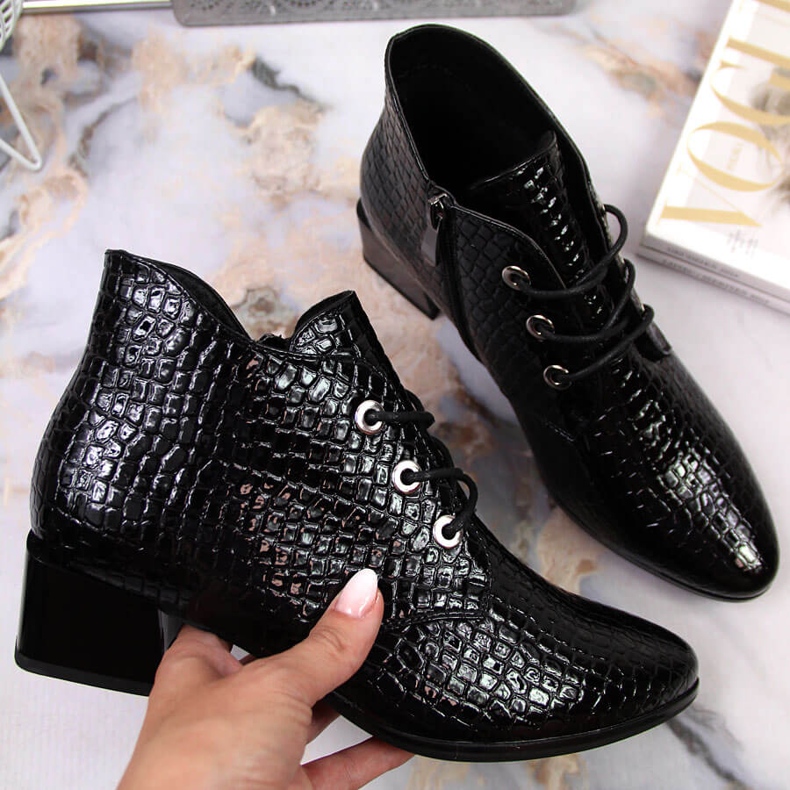 Bottines Vinceza cuir verni noir serpent femme 1