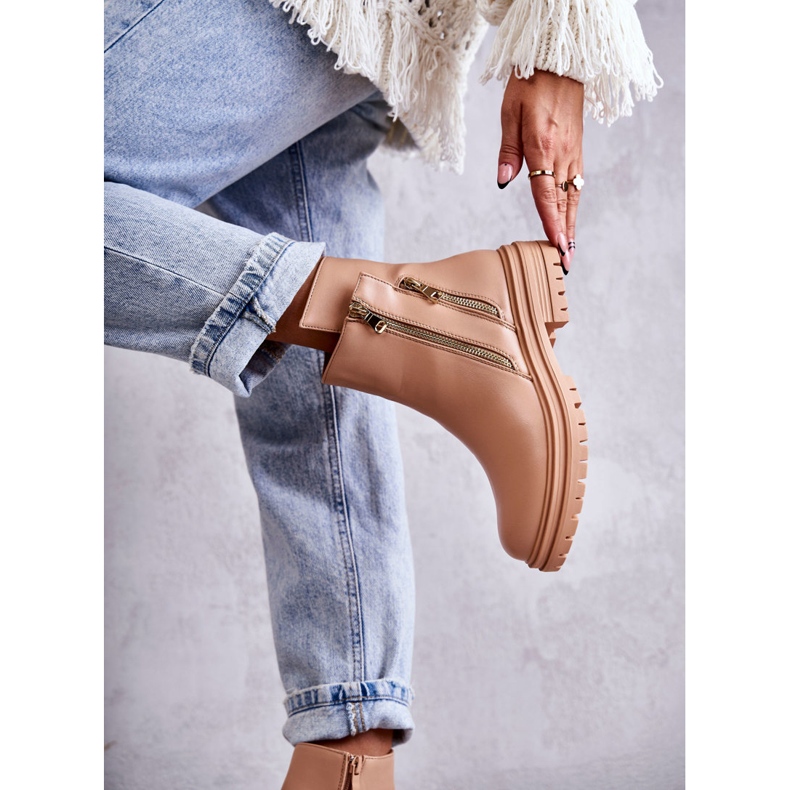 PG1 Bottes en cuir pour femmes avec fermeture à glissière Beige Navarra 2