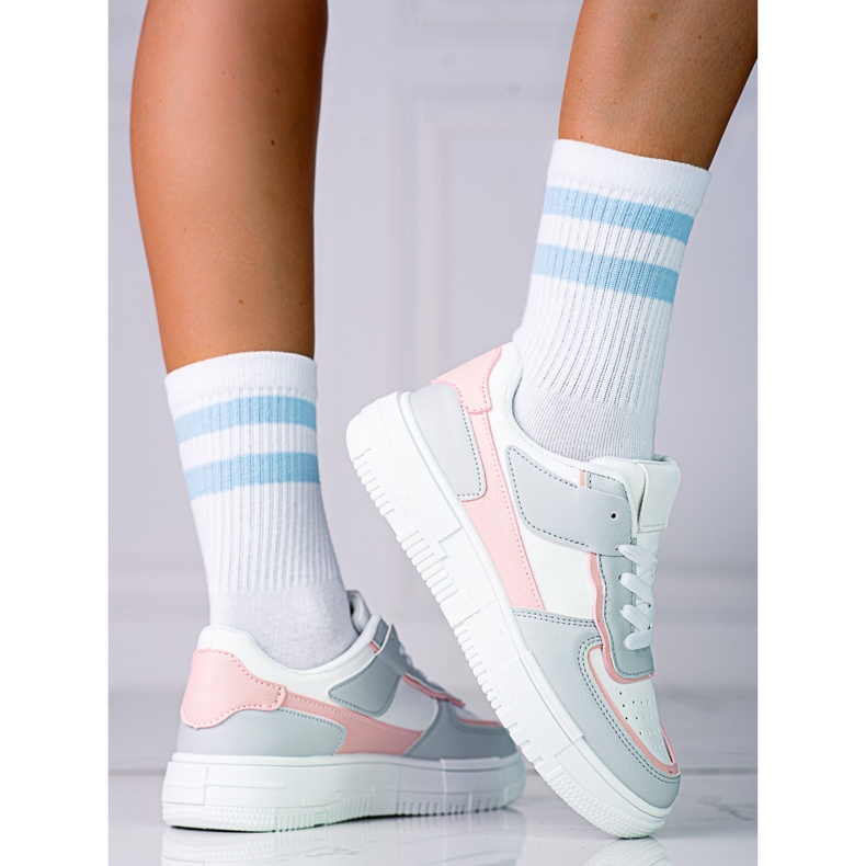 Baskets à lacets pour femmes sur la plateforme Shelovet en cuir écologique en blanc et rose gris blanche multicolore 1