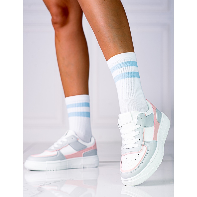 Baskets à lacets pour femmes sur la plateforme Shelovet en cuir écologique en blanc et rose gris multicolore 2
