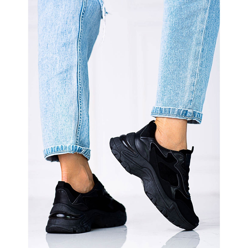 Baskets à lacets pour femme Shelovet noires à semelle épaisse 1