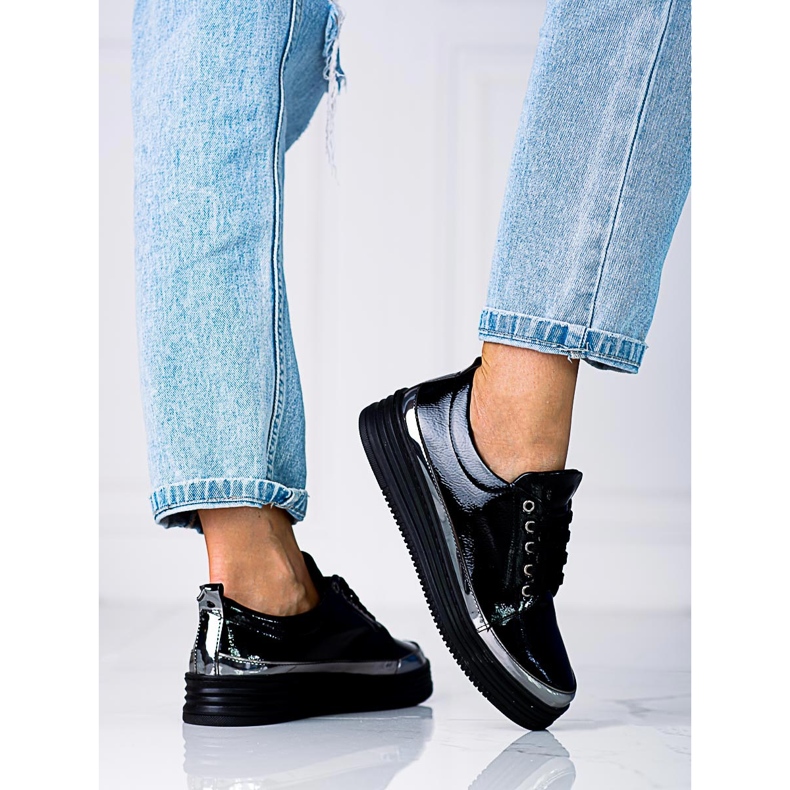 W. Potocki Baskets femme Shelovet en cuir écologique verni noir 2