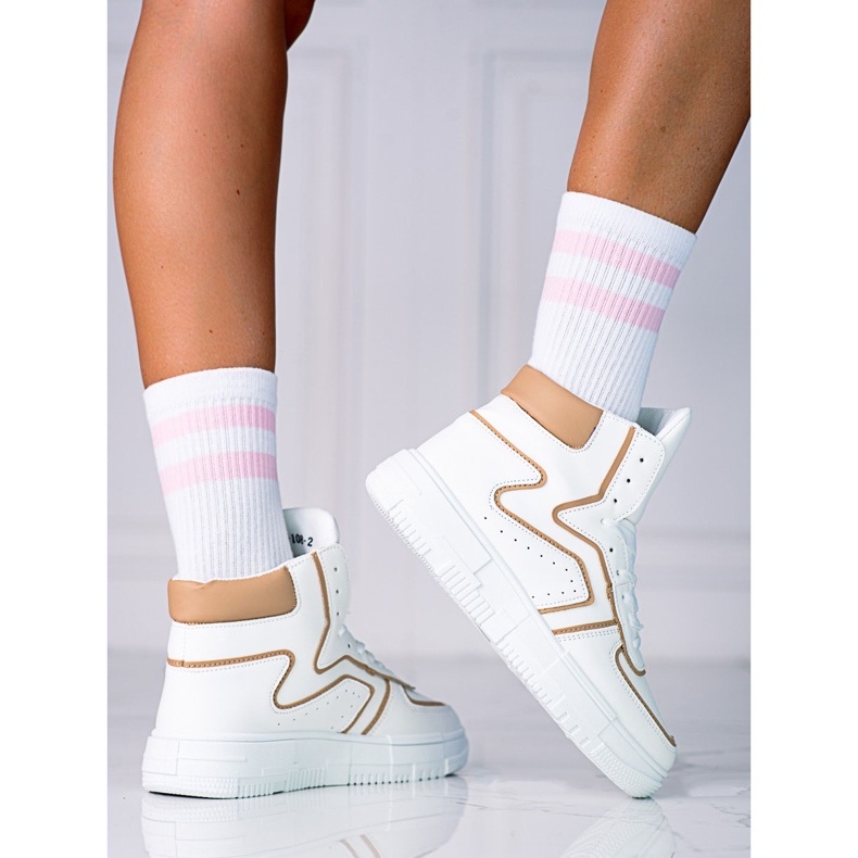 Baskets pour femmes High Shelovet en cuir écologique blanc et beige 2