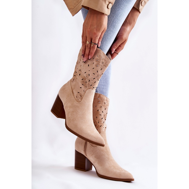 FB1 Bottes en daim pour femme avec bottes de cowboy Ariane beiges 2
