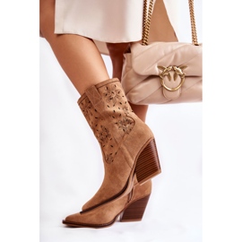 FB1 Bottes de cow-boy en daim à la mode avec des fleurs Camel Coralie brun 5