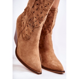 FB1 Bottes de cow-boy en daim à la mode avec des fleurs Camel Coralie brun 2