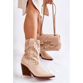 FB1 Bottes de cow-boy en daim à la mode avec des fleurs de Coralie beiges 2