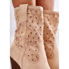 FB1 Bottes de cow-boy en daim à la mode avec des fleurs de Coralie beiges 3