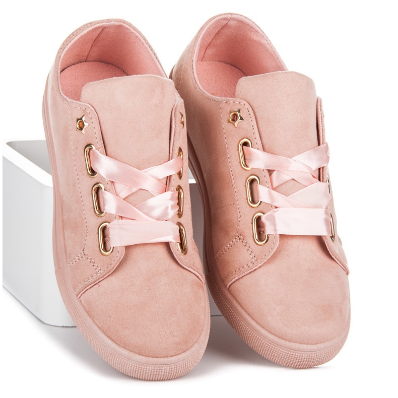 Ideal Shoes Baskets en daim avec ruban rose 1