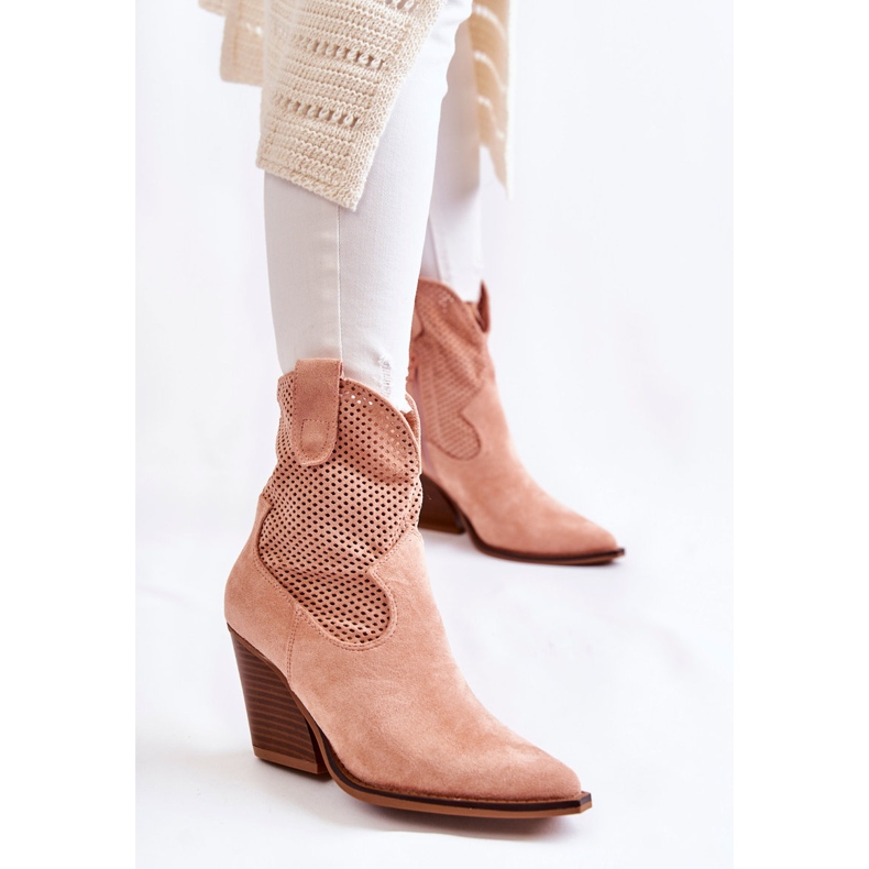 Boots Femme Daim Ajouré Cowboy Rose Eleonore beige 1