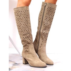 POTOCKI Bottes pour femmes, ajourées, daim marron Daszyński beige brun 3