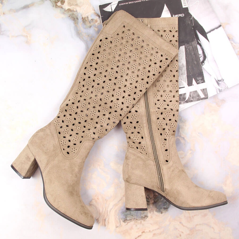 POTOCKI Bottes pour femmes, ajourées, daim marron Daszyński beige brun 1