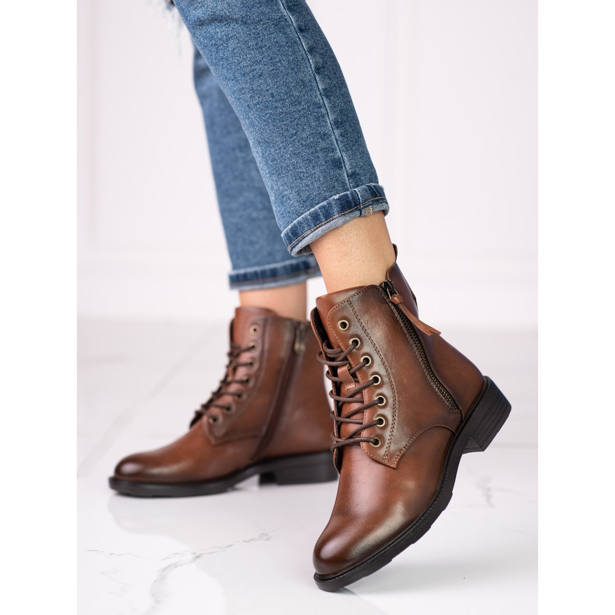 Femme Marron Bottines Plates Lacet Femme SheLovet Bottines Plates
