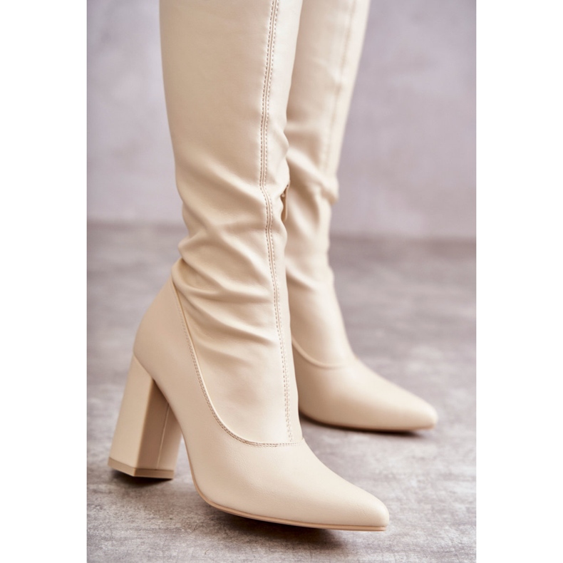 Bottes à Talons Hauts en Cuir Beige Casto 2