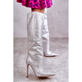 Bottes à talons hauts argentées à la mode avec zircons cubiques 7