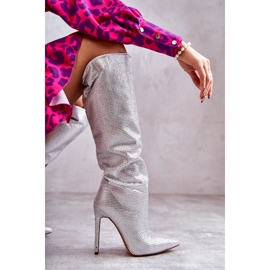 Bottes à talons hauts argentées à la mode avec zircons cubiques 12