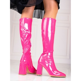 Bottes pour femmes sur le poteau Shelovet en cuir écologique verni, rose 1