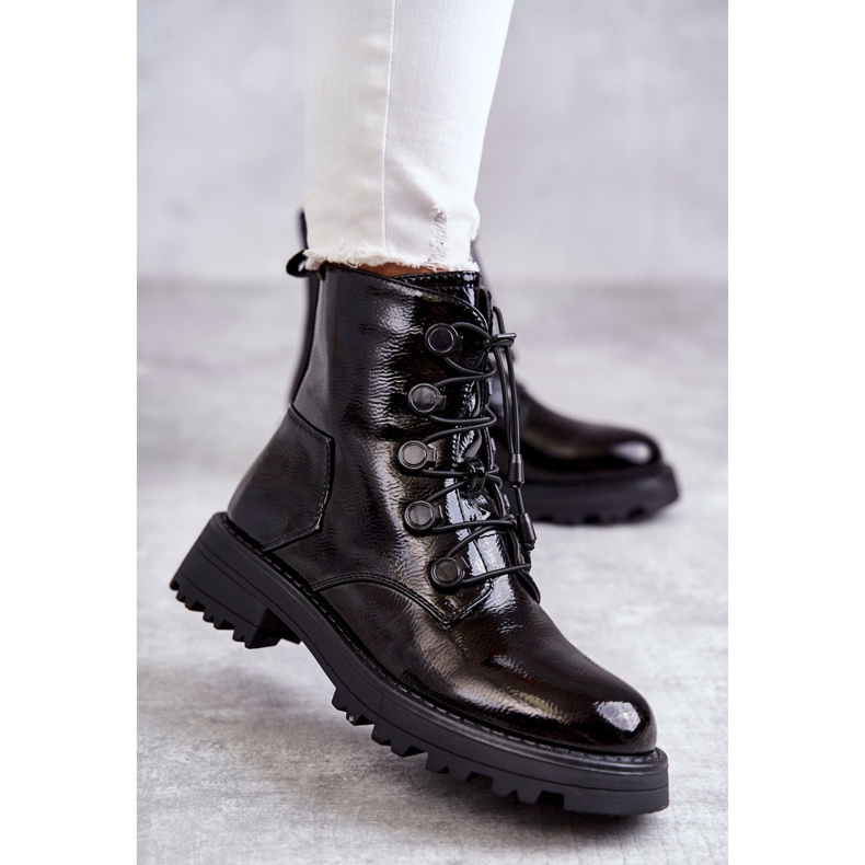 PJ1 Bottines Femme Laquées Chaudes Côtelées Noir Helia le noir 1