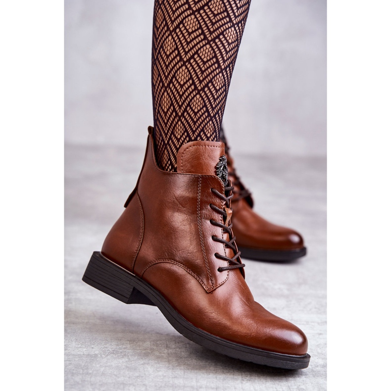 Vinceza Bottines à lacets sur talon plat caramel Grete brun 2