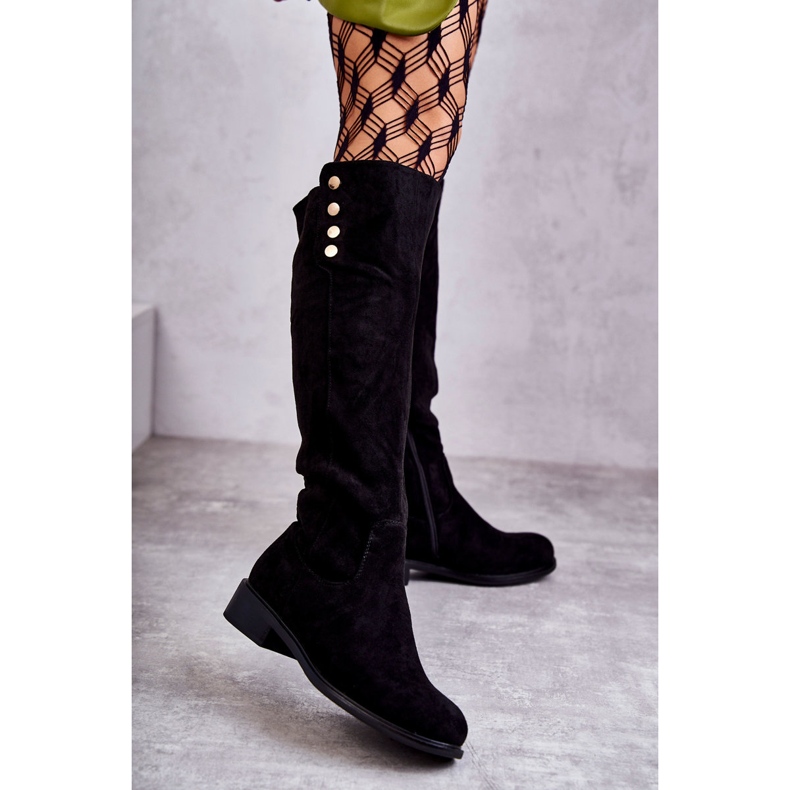 S.Barski Bottes noires à talons plats en suède Laura 1