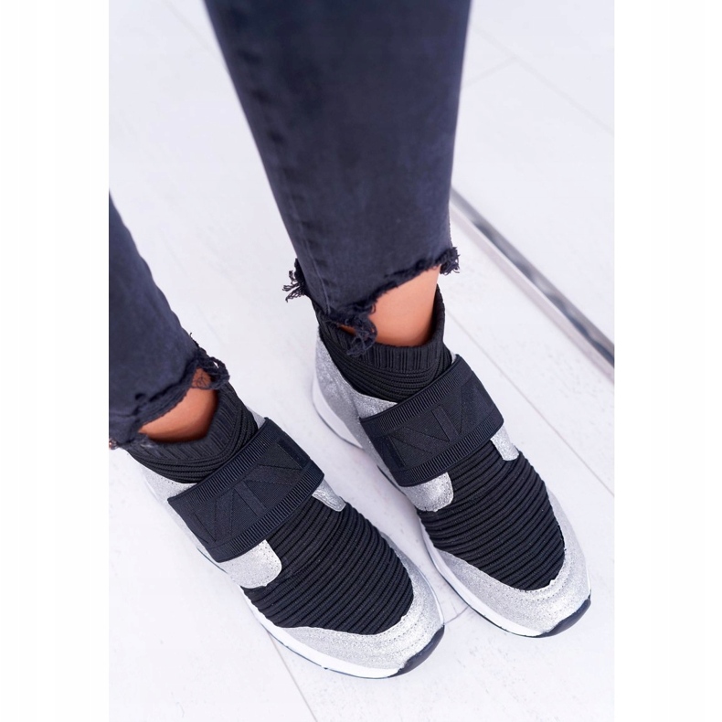 Chaussures de sport pour femme Lu Boo avec chaussette Silver Glitter Phantom HT9022 noir argent 3