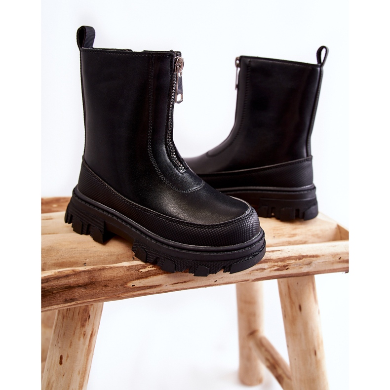 FR1 Bottes hautes en cuir à la mode avec fermeture à glissière noire Daffy 2