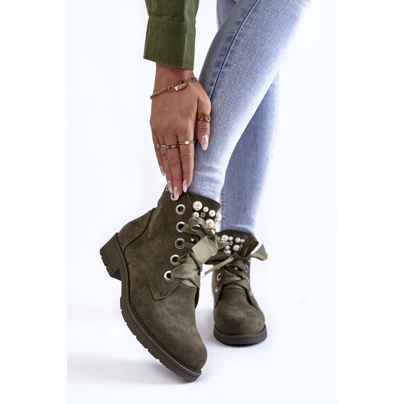 Bottes zippées isolées en daim avec perles, vert Perla 1