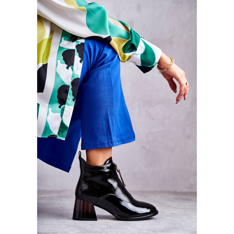 S.Barski Bottines en cuir verni avec fermetures éclair pour femmes, noir 1